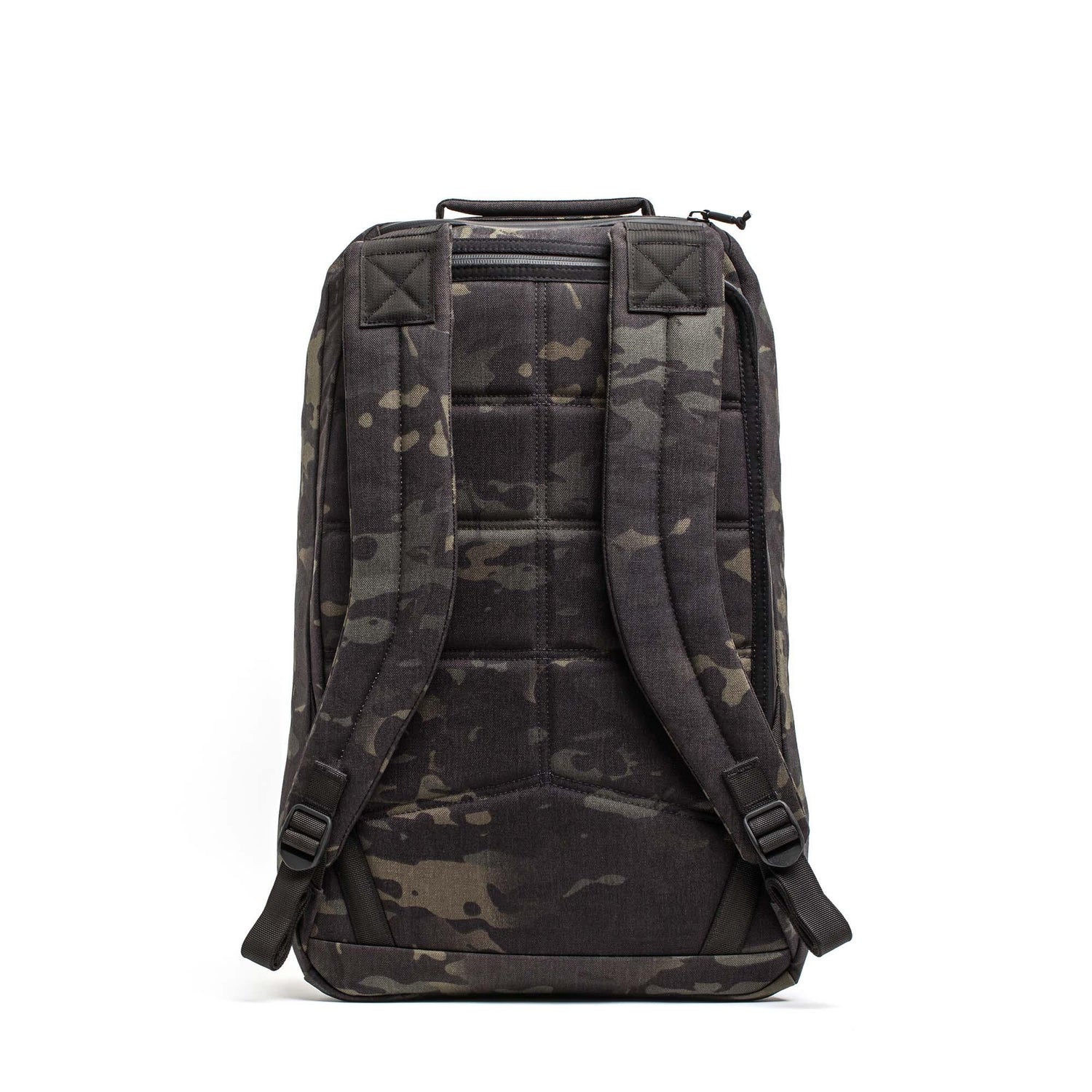 The GR1 USA Slick - Ballistic Nylon Cordura backpack in black camo, shown from the back, highlights its padded shoulder straps, back panel, and bombproof laptop compartment.