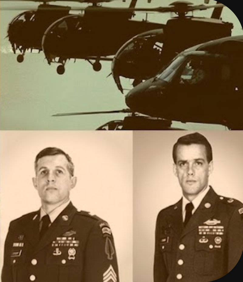 Four helicopters in silhouette fly above two men in military uniforms, captured in striking black and white portraits—a powerful tribute perfect for the CITY RUCK - TAMPA w/ RUCKAPALOOZA Fitness Festival MOG MILE Anniversary at NOEQL TRAINING CO.