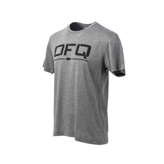 The DFQ Tee - Tri-Blend is a gray short-sleeve shirt featuring "DFQ" in bold black letters across the chest, made from premium tri-blend fabric for superior comfort and style.