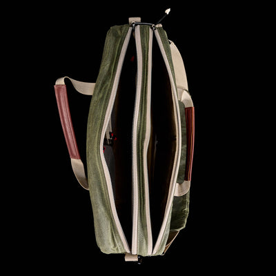 Top view of the Shoulder Bag - Waxed Canvas in green and beige, with a Martexin Wax finish, dual zippers, brown handles, and two large compartments—ideal for asymmetrical carries.