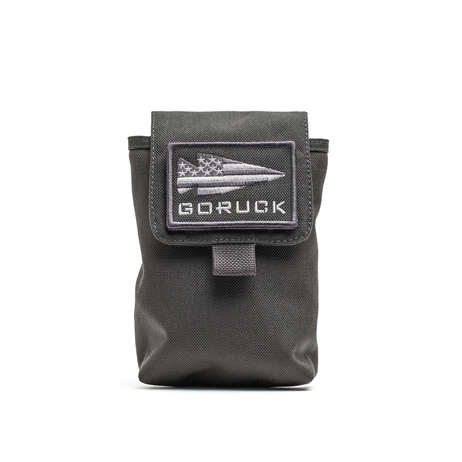 The Simple Side Pocket is a black pouch with a flap, GORUCK bullet-and-flag patch, and patch-friendly VELCRO for easy customization, designed for ruck organization.