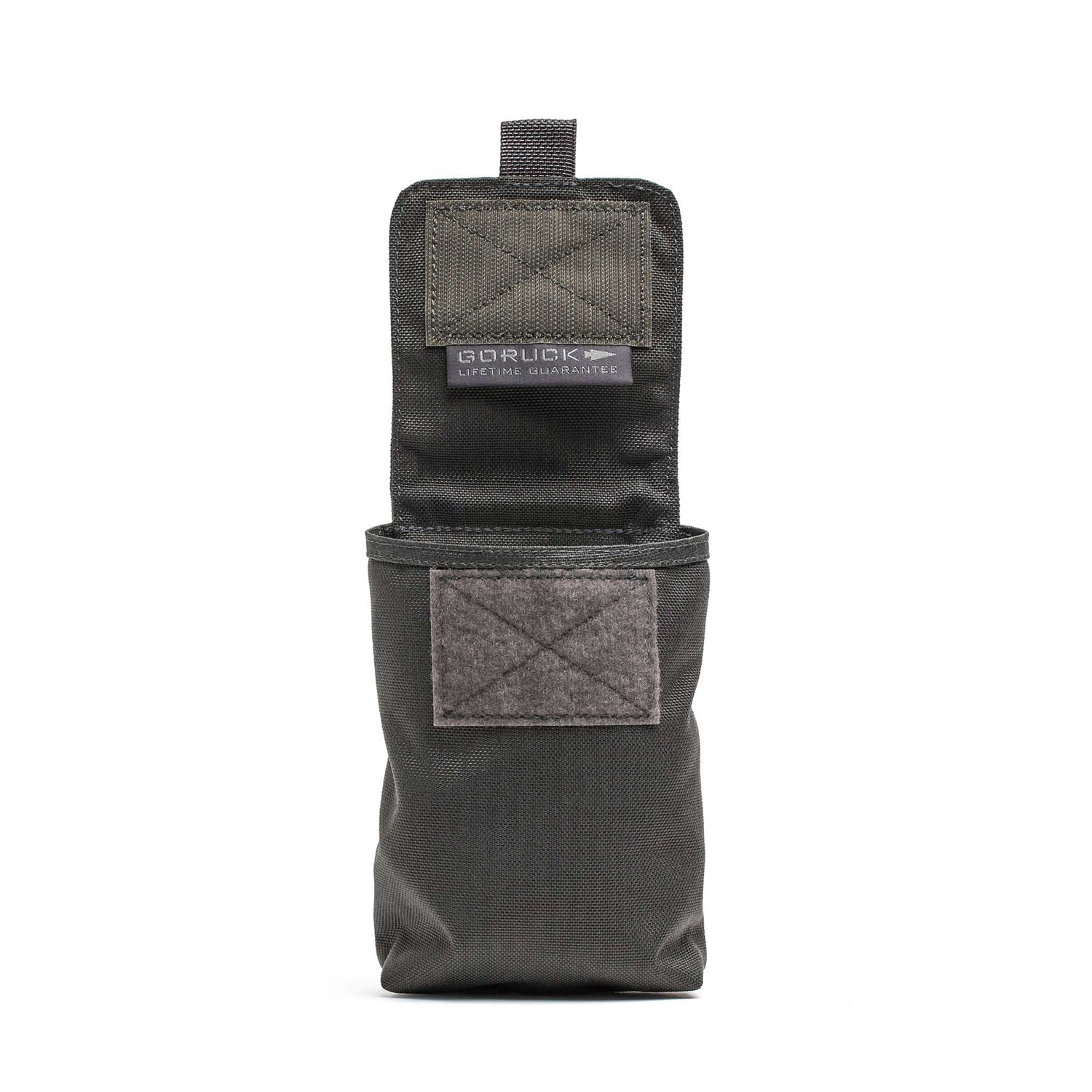 The Simple Side Pocket is a black tactical pouch with patch-friendly VELCRO, MOLLE webbing, and an open flap, shown standing upright against a white background—perfect for organizing your ruck.