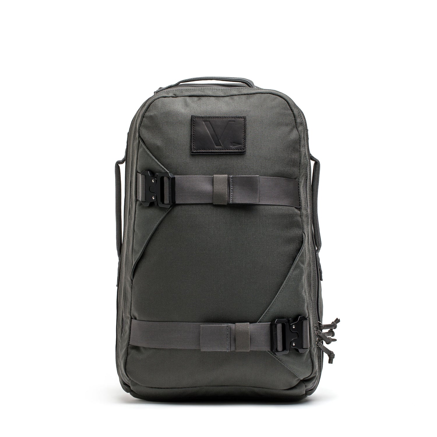 The Skate Ruck is a dark gray EDC bag with front buckles, side handles, a rectangular patch near the top, and a bombproof laptop compartment for enhanced protection.