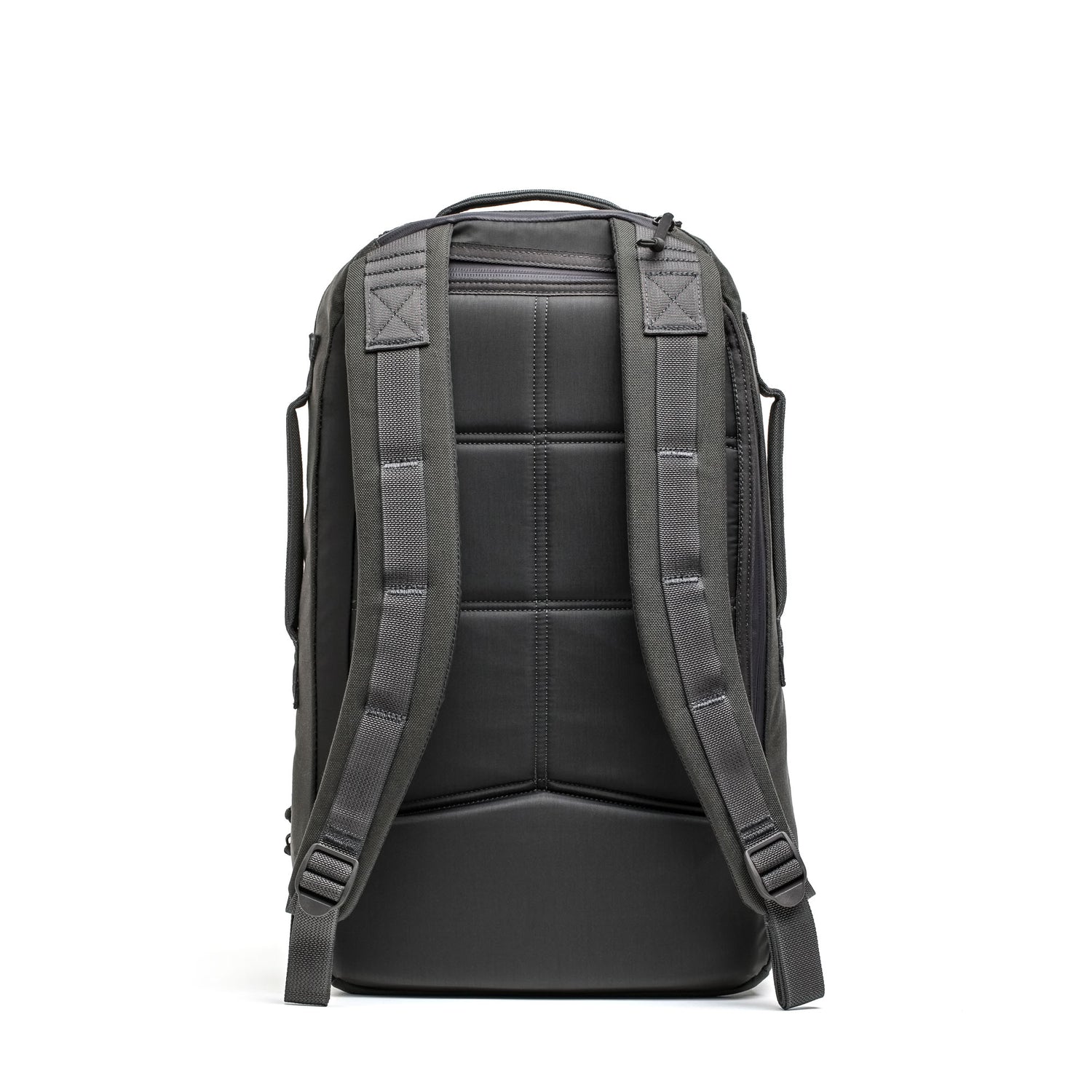 The Skate Ruck backpack in black is shown from the back, featuring padded shoulder straps, a stitched back panel, and a bombproof laptop compartment for extra protection.