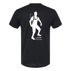 GORUCK black t-shirt with white silhouette of rucker carrying a skateboard on the back
