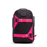 GORUCK black rucksack backpack with bold hot pink straps and accents, front view