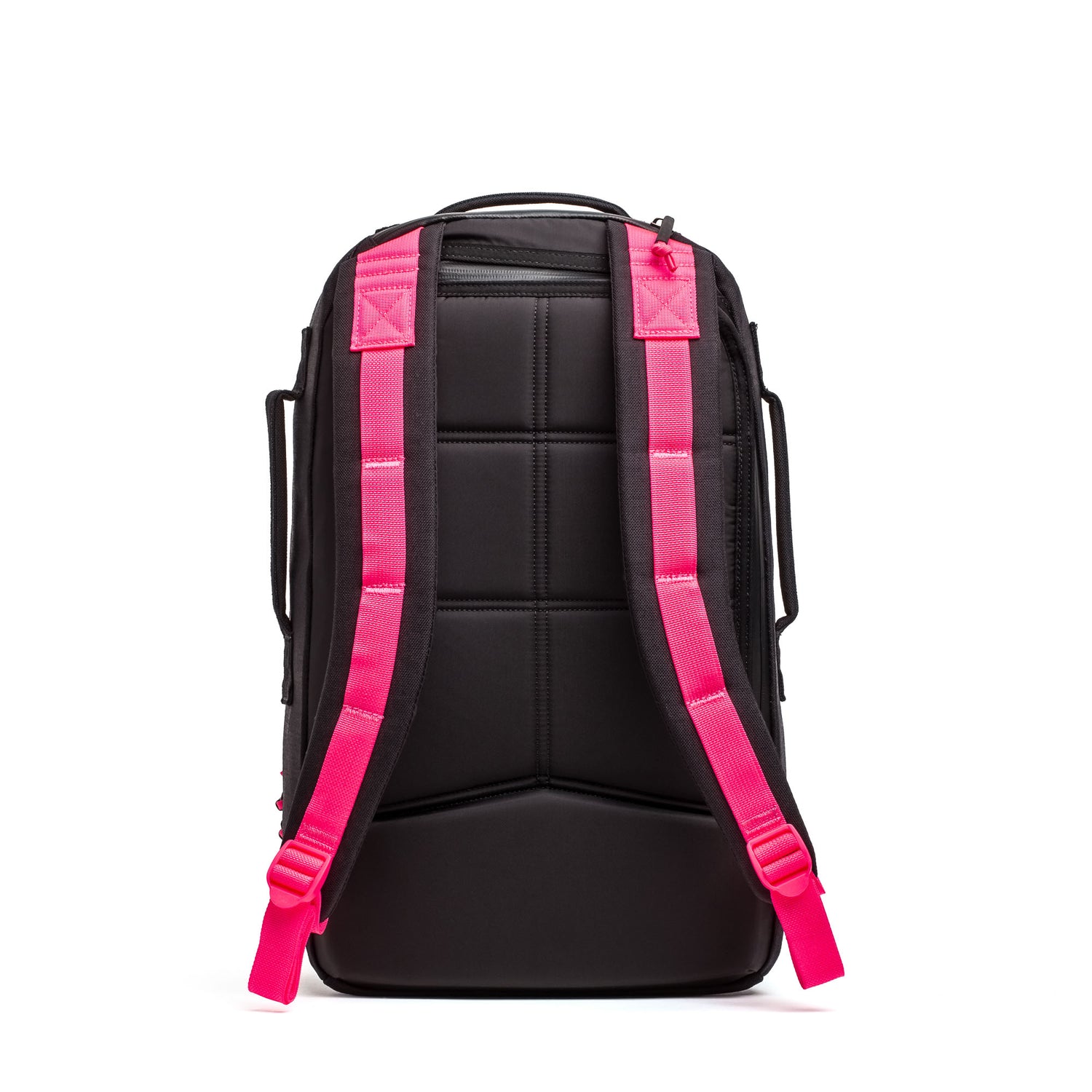 The Skate Ruck, a black backpack with a padded back, bombproof laptop compartment, and bright pink shoulder straps, stands upright against a white background—ideal as your stylish everyday EDC bag.