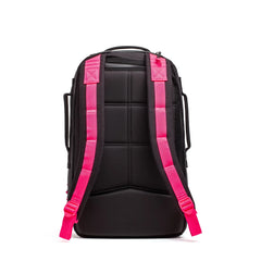 GORUCK black rucking backpack with hot pink padded straps, back panel view