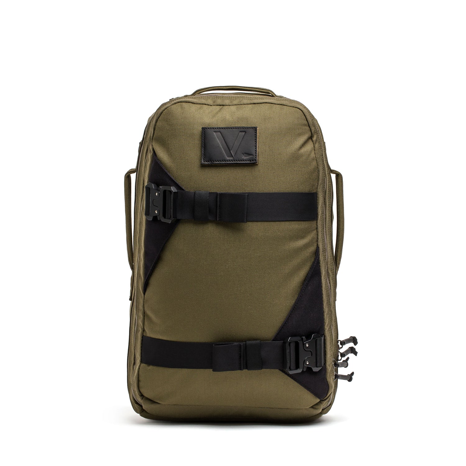 The Skate Ruck backpack in olive green with black straps and a black patch logo is pictured upright on a white background. It features a bombproof laptop compartment, making it an ideal EDC bag for daily essentials.