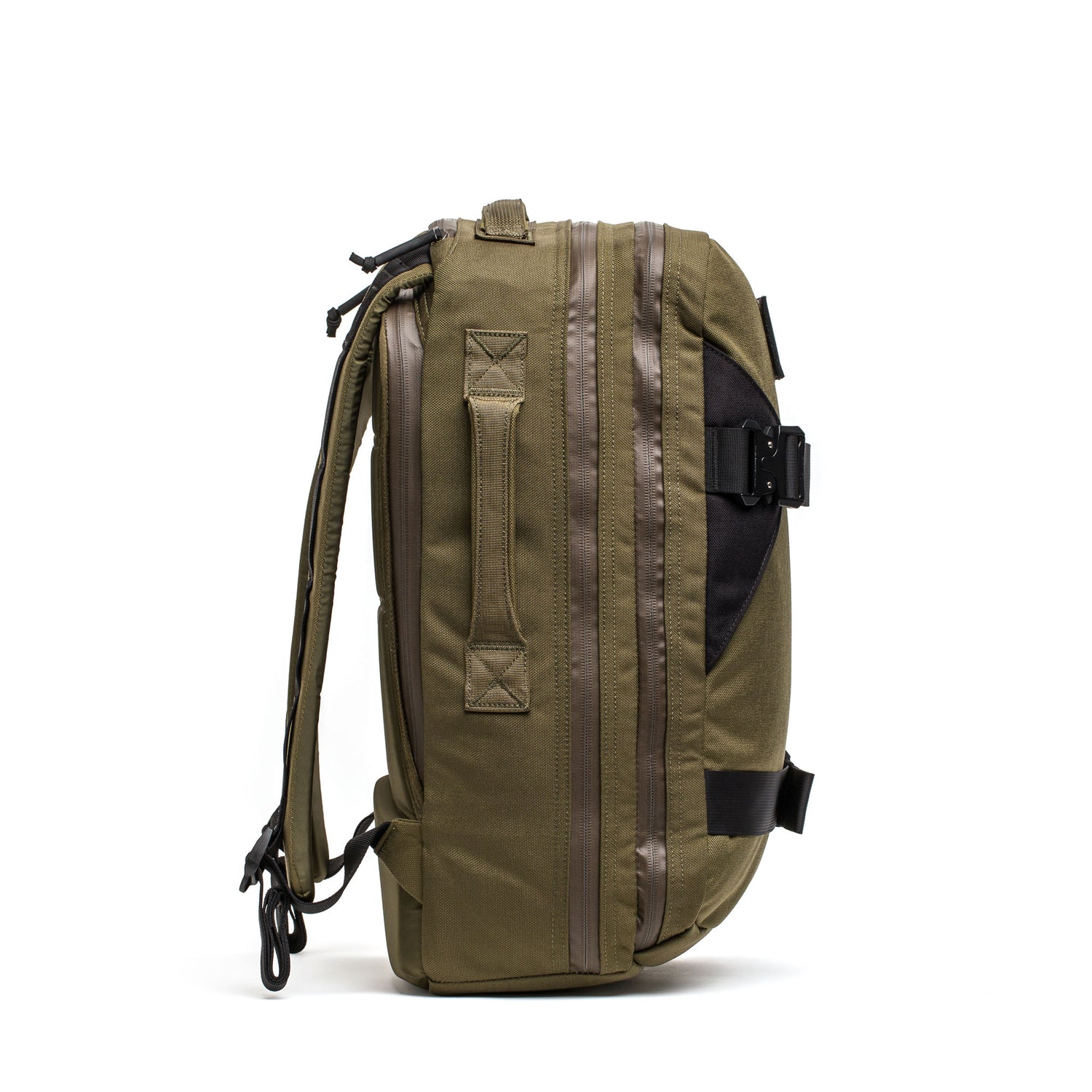 Side view of the olive green Skate Ruck EDC bag with black straps and handles, featuring a bombproof laptop compartment, isolated on a white background.