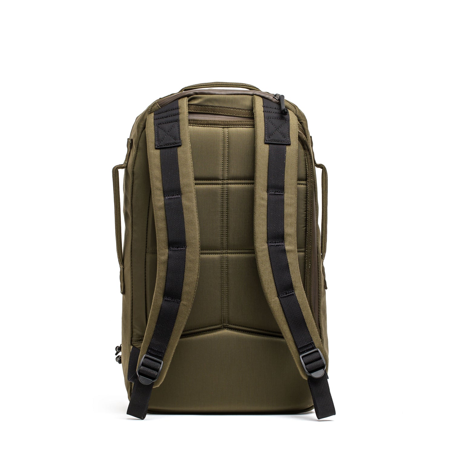 The Skate Ruck backpack in olive green features black padded straps, a durable laptop compartment, and a top handle, displayed from the back on a white background.