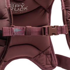 Close-up of a maroon Spy Ruck | Women's Weighted Vest strap and buckle, featuring the logo and padded detail—ideal for pairing with your training gear.