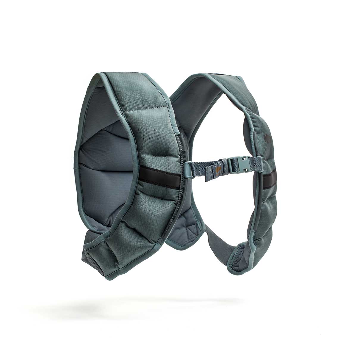 The Spy Ruck | Women's Weighted Vest is a gray, padded running hydration pack with adjustable chest straps, inspired by GORUCK’s Spy Ruck—perfect as a lightweight alternative to weighted vests for women. Shown on a white background.