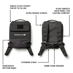 The Ruck Plate Carrier 3.0 is shown in black from the front and back, featuring lumbar support and rugged durability—ideal for use as a weighted rucksack or ruck plate carrier.