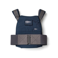 The Rucking Weight Vest in navy blue and gray features adjustable straps for training, displayed on a white background.