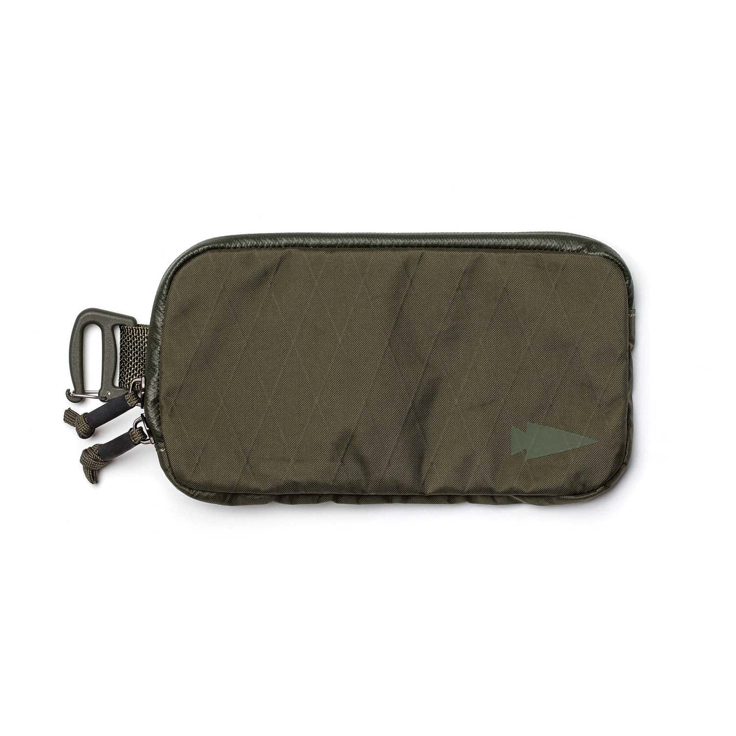 The Sternum Pouch - X-PAC is an olive green zippered rucking pouch featuring a carabiner and a small arrow logo in the bottom right corner.