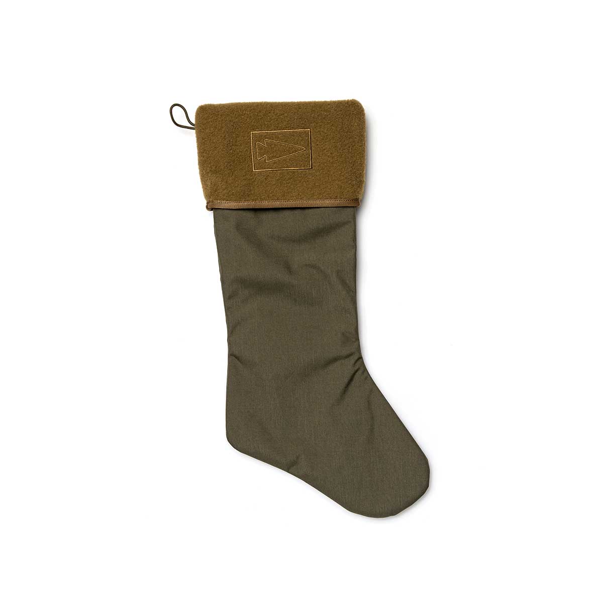 The Tough Stocking, in olive green and brown, features Velcro attachments, a hanging loop, and is crafted from durable 500D Cordura. Shown lying flat on a white background.