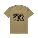 GORUCK tan t-shirt large, bold black Embrace the Suck text on chest, rucking gear apparel