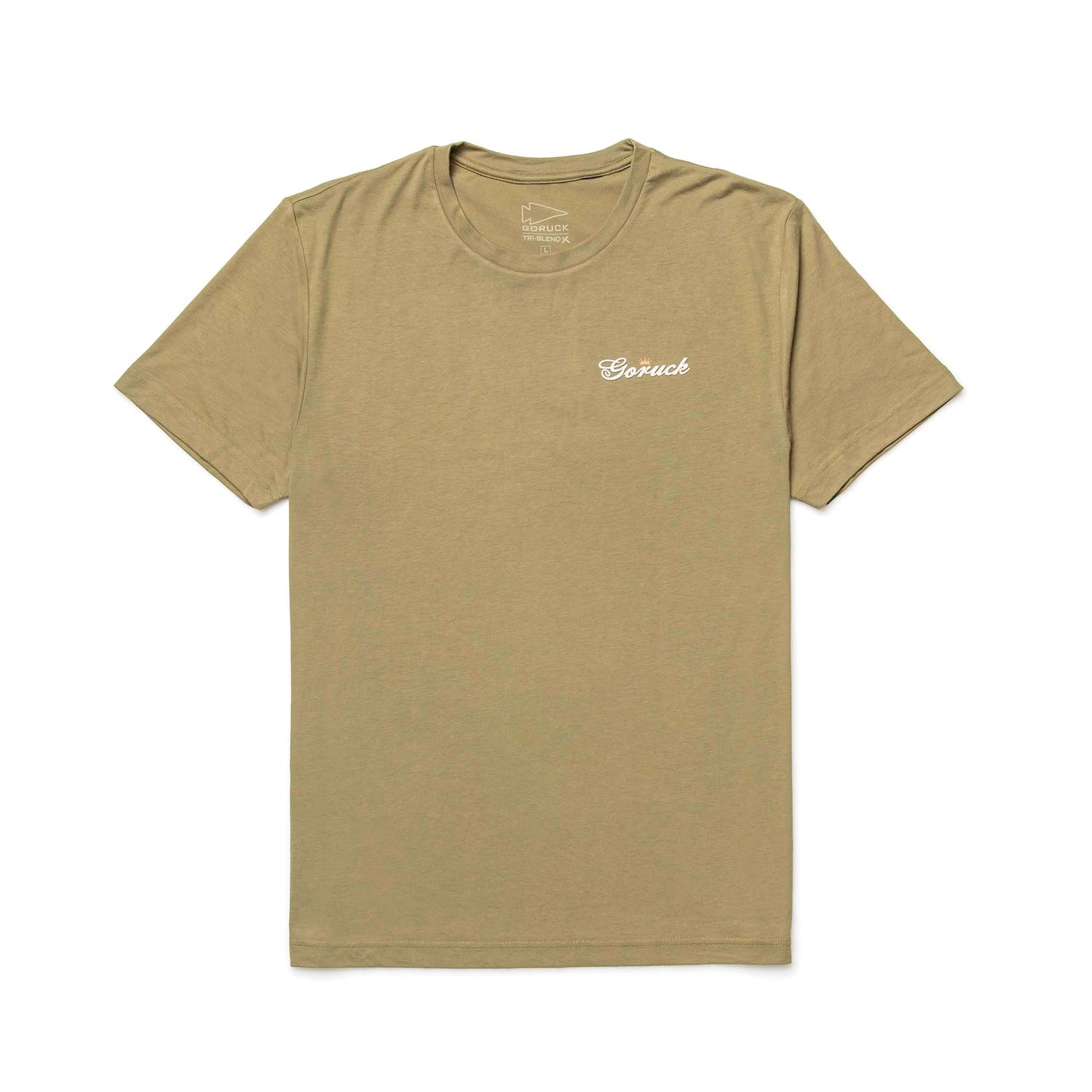 The GORUCK Bud Tee - Tri-Blend is a khaki premium shirt featuring a white 