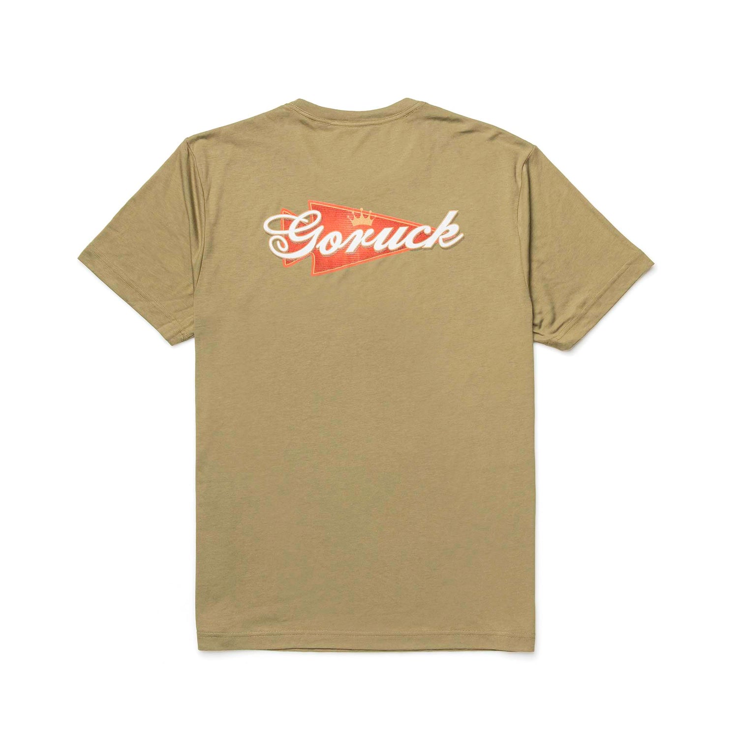 The GORUCK Bud Tee - Tri-Blend is a khaki premium shirt with a red and white 