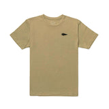 The Subtle Spearhead Tee - Unisex Tri-Blend is a plain khaki t-shirt featuring premium tri-blend fabric and a small black GORUCK spearhead logo on the left chest.