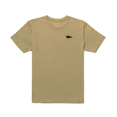 The Subtle Spearhead Tee - Unisex Tri-Blend is a plain khaki t-shirt featuring premium tri-blend fabric and a small black GORUCK spearhead logo on the left chest.