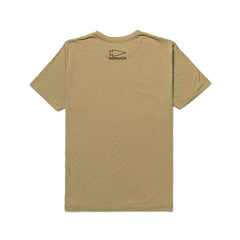 The Subtle Spearhead Tee - Unisex Tri-Blend, shown in tan from the back, features a small black GORUCK spearhead logo below the neckline and is crafted from premium tri-blend fabric.