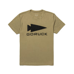 The GORUCK Spearhead Tee - Tri-Blend is a khaki t-shirt with the iconic spearhead and "GORUCK" on the front, crafted from a premium tri-blend for comfort inspired by Special Forces standards.
