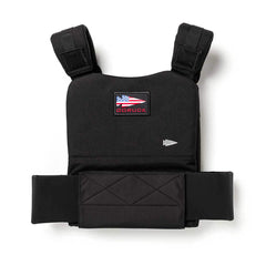 The Training Weight Vest 2.0 is a black workout vest featuring an American flag patch and "GORUCK" on the front, designed to securely hold ruck plates for intense training sessions.