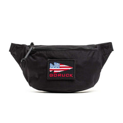 GORUCK black tactical fanny pack with American flag patch and zippered front pocket