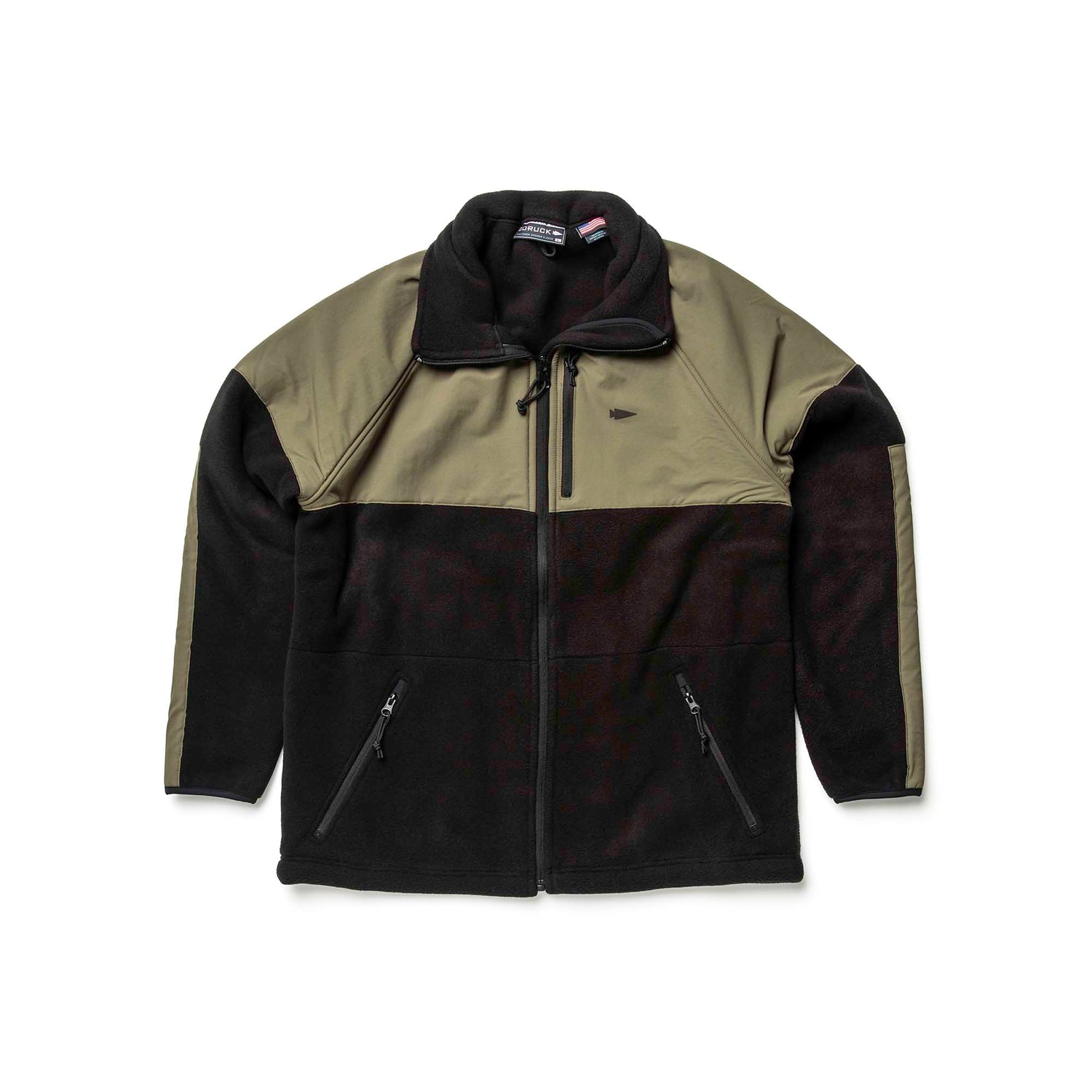 The Men’s Task Force Dagger Jacket - Polartec Fleece features a two-tone olive green and black design, front zipper, and zippered side pockets—inspired by the 5th Special Forces Group for optimal performance.