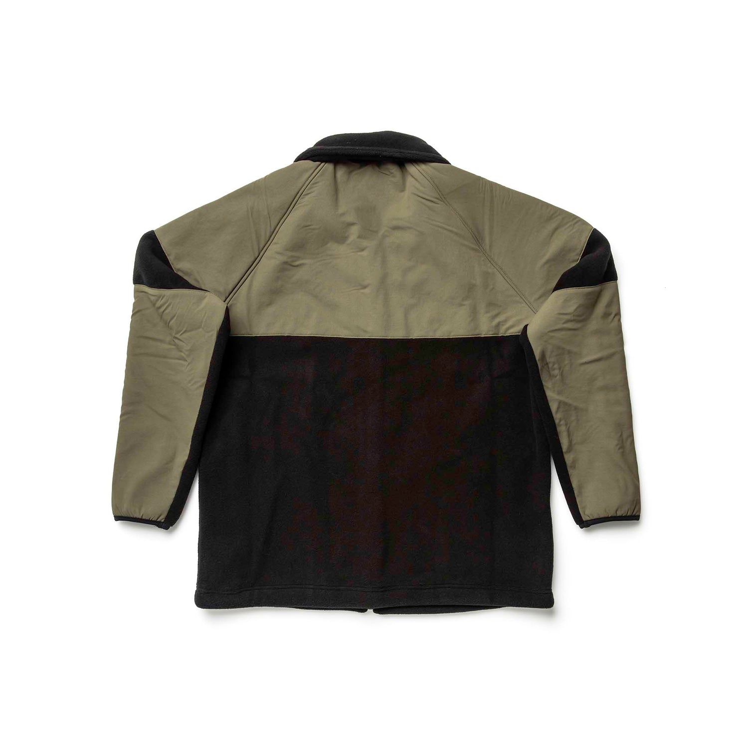 The Men’s Task Force Dagger Jacket - Polartec Fleece is a two-tone performance outerwear piece, featuring olive green on top and black on the bottom, inspired by the 5th Special Forces Group and shown from the back.