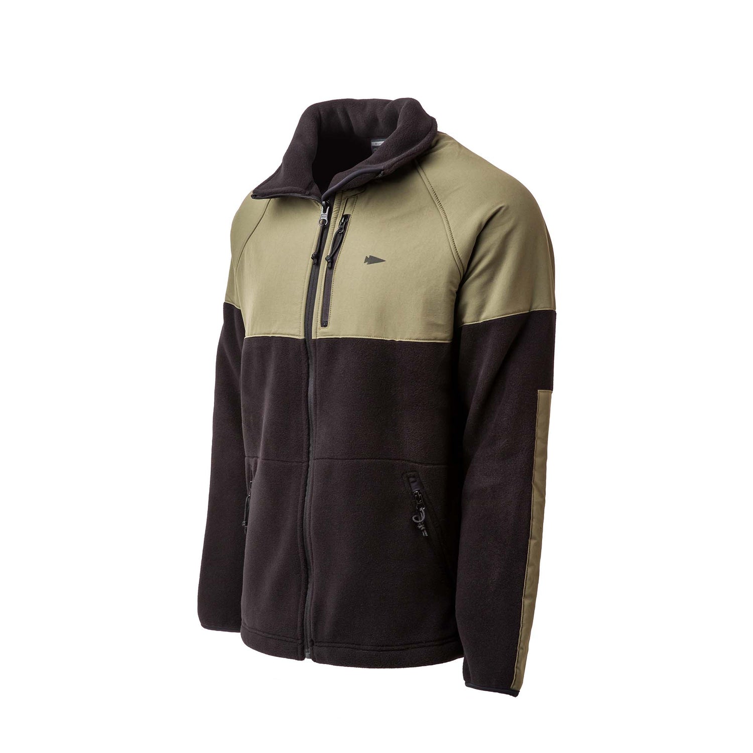 The Men’s Task Force Dagger Jacket - Polartec Fleece in olive green and black features chest and side pockets, drawing inspiration from outerwear used by the 5th Special Forces Group. Displayed on a white background.