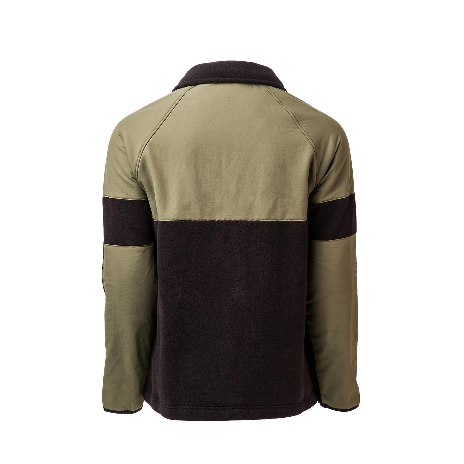 Back view of the Men’s Task Force Dagger Jacket - Polartec Fleece, with olive green top and sleeves, plus a wide black panel across the back and arms—performance outerwear inspired by 5th Special Forces Group design.