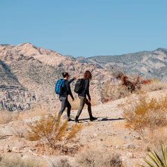 Two people hiking with GORUCK rucksacks on a rocky desert trail, mountains in background