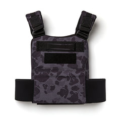 The Training Weight Vest 2.0 features a black and gray camo design, adjustable shoulder straps, a front velcro patch, and is compatible with ruck plates.