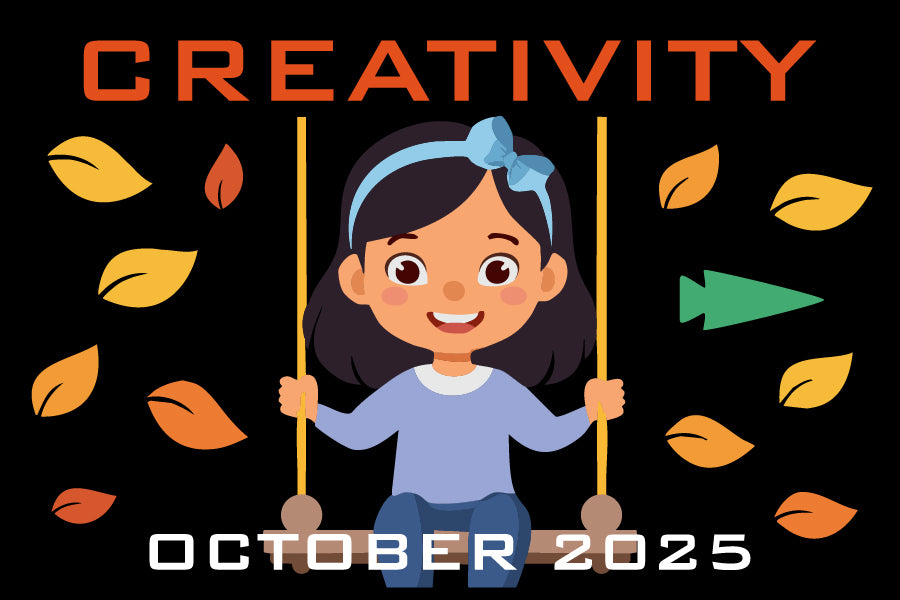 A smiling girl on a swing with autumn leaves, the word 