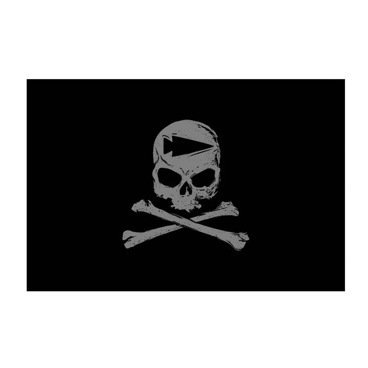 A skull with crossbones and a play button symbol on its forehead, on a black background.