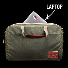 A laptop partly sticks out of a green Shoulder Bag - Waxed Canvas with tan handles, a removable shoulder strap, and an arrow labeled "Laptop"—perfect for asymmetrical carry.