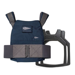 The Rucking Weight Vest + Curved Plate Bundle features a dark blue vest with gray straps, paired with a black curved plate—ideal for enhancing your rucking workouts.