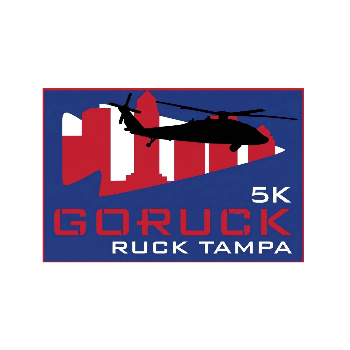 Silhouette of a helicopter over the Tampa skyline with text “MOG Mile City Ruck Weekend – Tampa, FL” on a blue and red background, capturing the spirit of City Ruck and celebrating the excitement of Ruckapalooza.