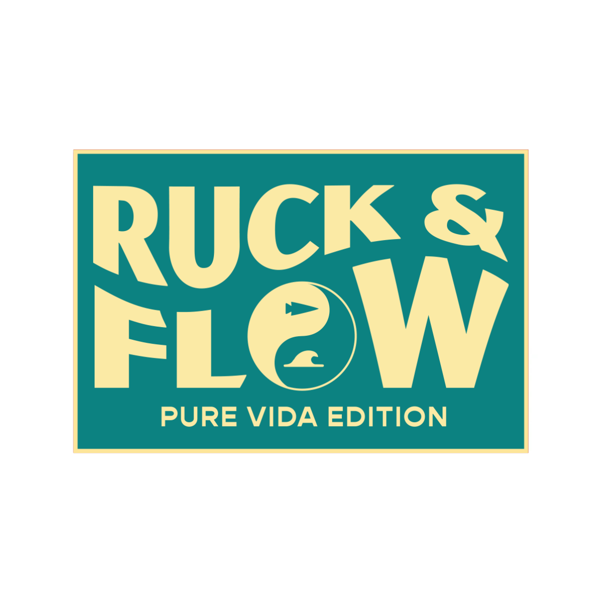 Teal rectangle with yellow text: “COSTA RICA RUCK & FLOW 2027” and a wave and fin graphic in the center, designed to evoke the vibrant energy of a women’s retreat on the Osa Peninsula, Costa Rica.