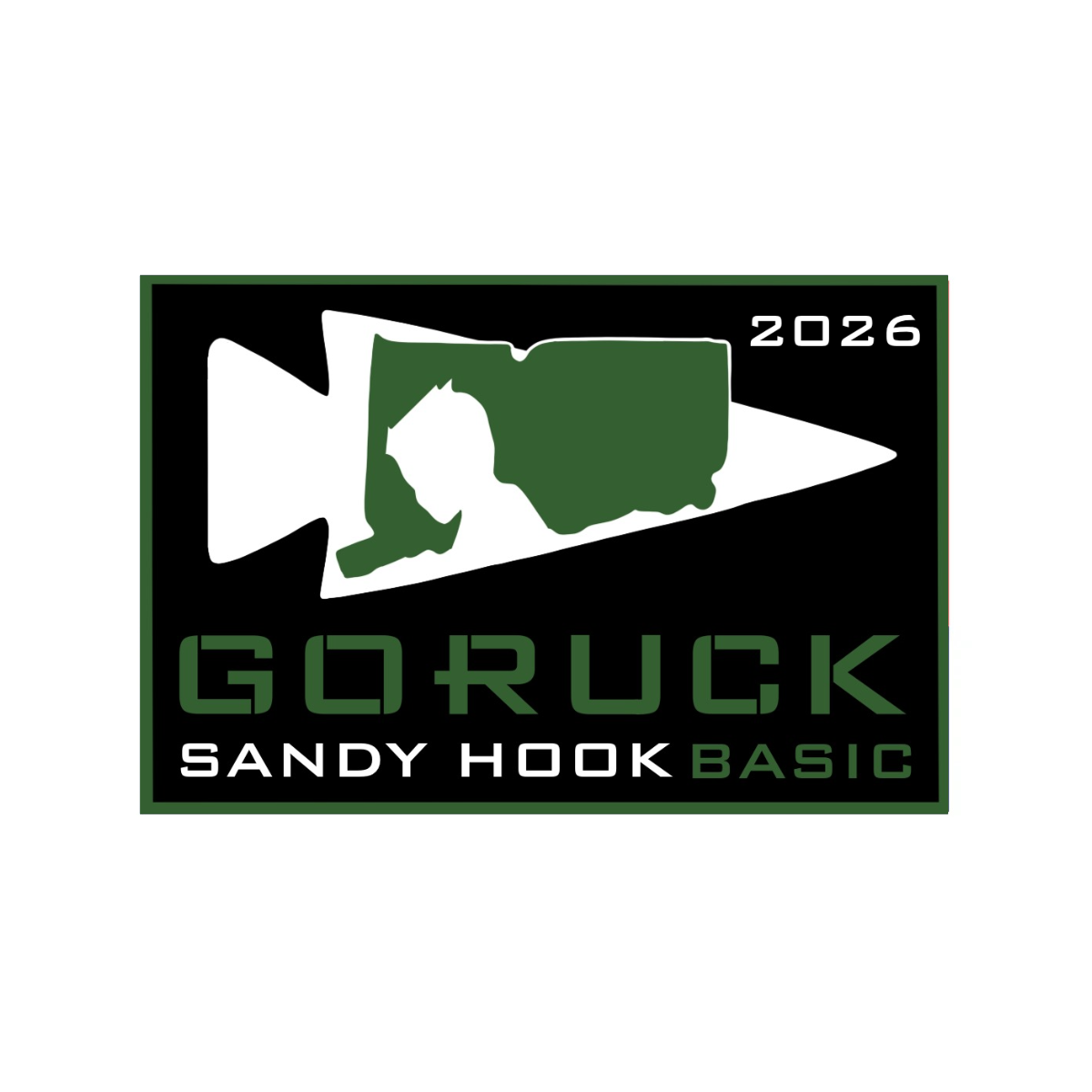 Sandy Hook Memorial - Basic Challenge patch: green text, rucksack on arrowhead. Newtown tribute.