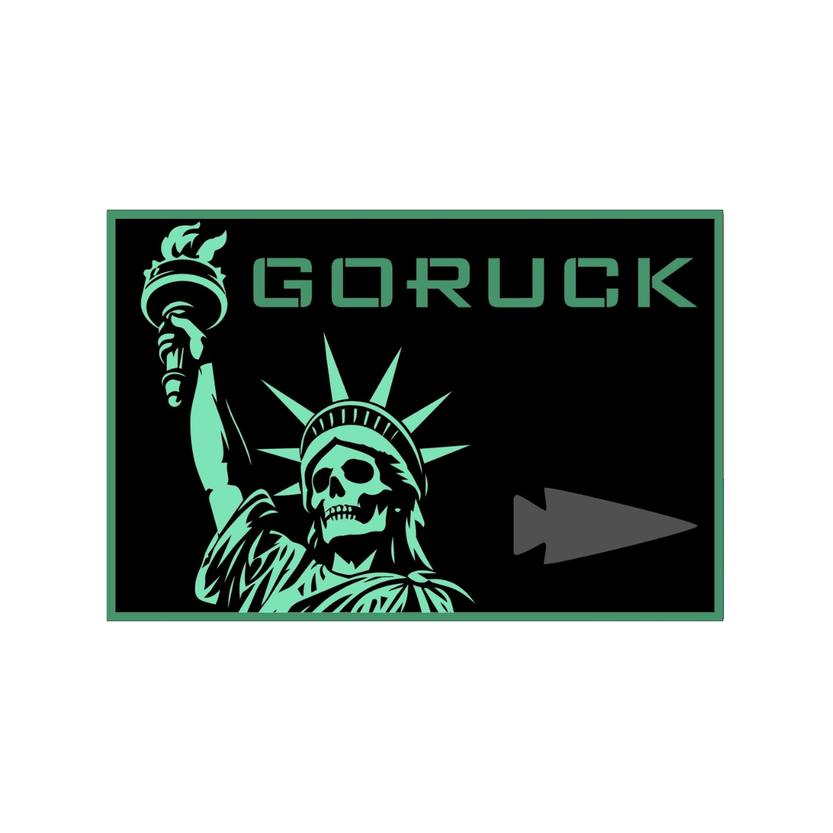 A rectangular patch featuring a skull version of the Statue of Liberty holding a torch, with “GORUCK” and a gray arrowhead icon to the right, representing the Liberty’s Torch WOD.