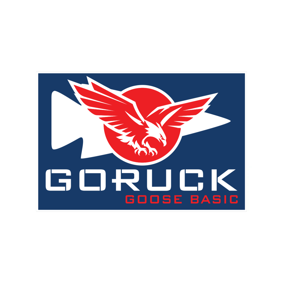 GORUCK GOOSE BASIC logo for a San Diego Recon Raider event, featuring a stylized eagle over a red circle and a white arrowhead shape on a dark blue background.