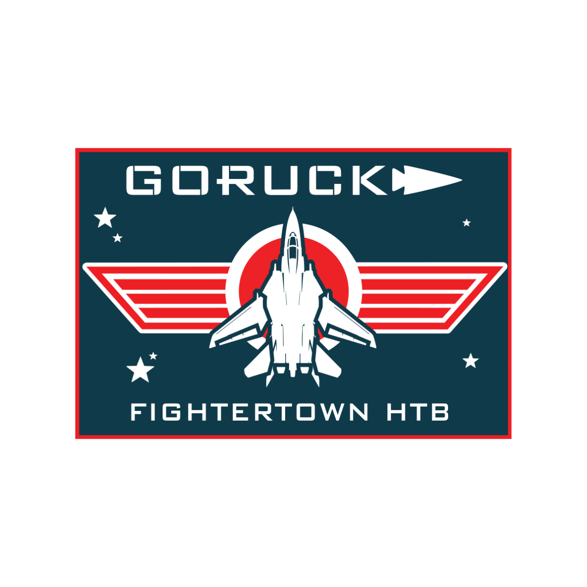 GORUCK Fightertown HTB patch featuring a fighter jet, red wings, and a white circular emblem on a dark blue background, commemorating the San Diego Recon Raider event.