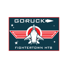 GORUCK Fightertown HTB patch featuring a fighter jet, red wings, and a white circular emblem on a dark blue background, commemorating the San Diego Recon Raider event.