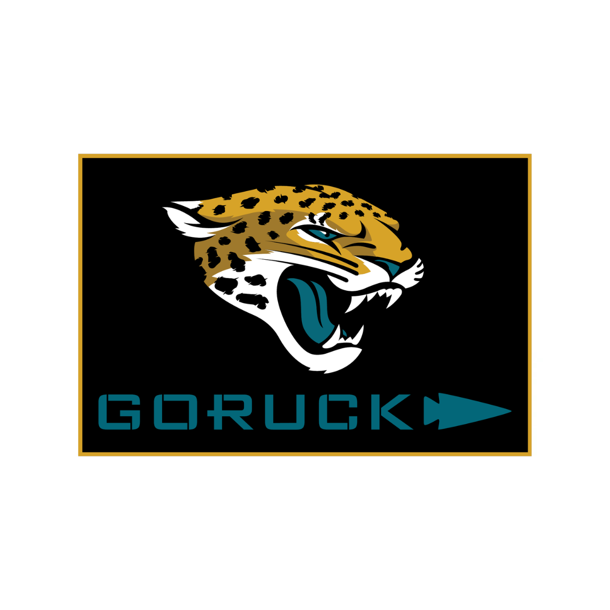A rectangular logo for the CHAD 1000X event featuring a snarling jaguar head above teal “GORUCK” text and a teal arrowhead shape on a black background.