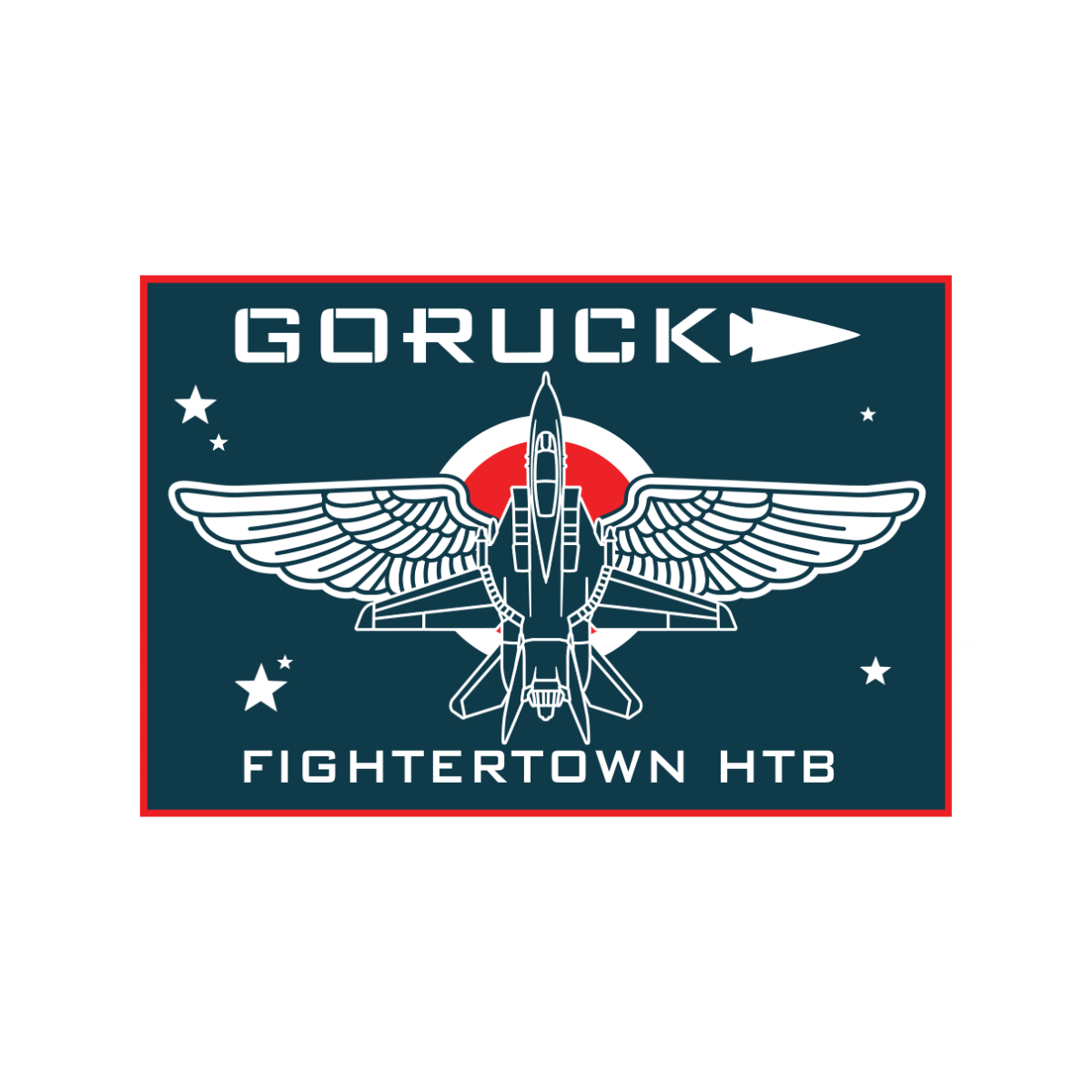 GORUCK Fightertown HTB patch featuring a stylized fighter jet with wings, a circular target emblem, and stars on a dark background, celebrating the legacy of Fightertown USA.