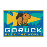 A cartoon capybara wearing a backpack stands over a world map with the text: “Patch - Ruck the World,” ready to take on the ultimate GORUCK Challenge and celebrate Ruck The World Day through rucking adventures.